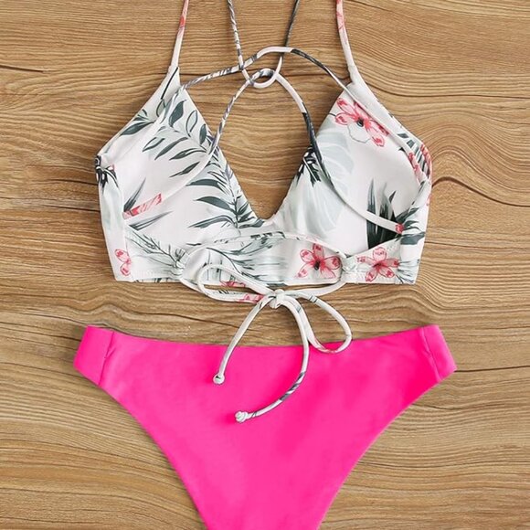 SweatyRocks Women's Sexy Bathing Suit Floral Print Cross Back Bikini Set - Picture 3 of 5